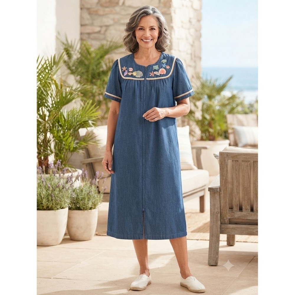 Go Softly Patio House Dress Duster MuMu L Embroidered‎ Zip Front Sea Life NWT